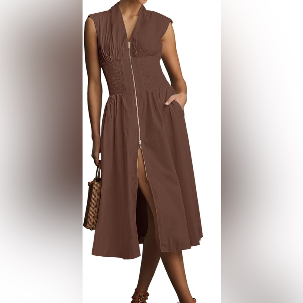 Anthropologie The Tommie Cap-Sleeve Smocked Front-Zip Shirt Dress - Picture 5 of 5